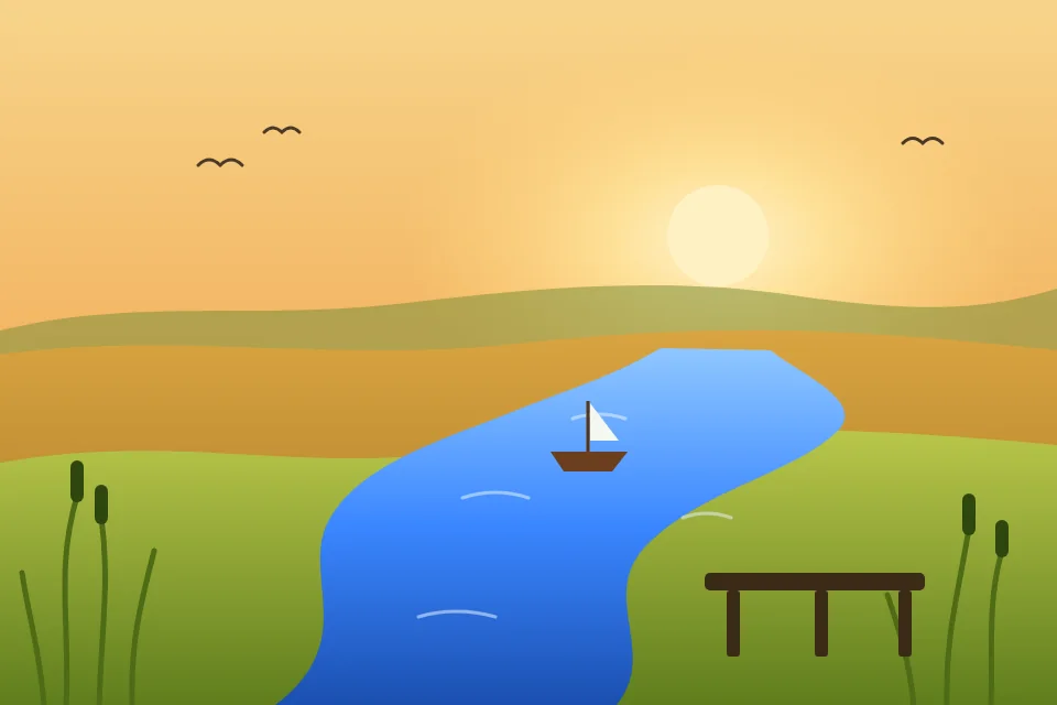 Illustration of a blue river winding through golden fields at sunset, with reeds and a small wooden jetty