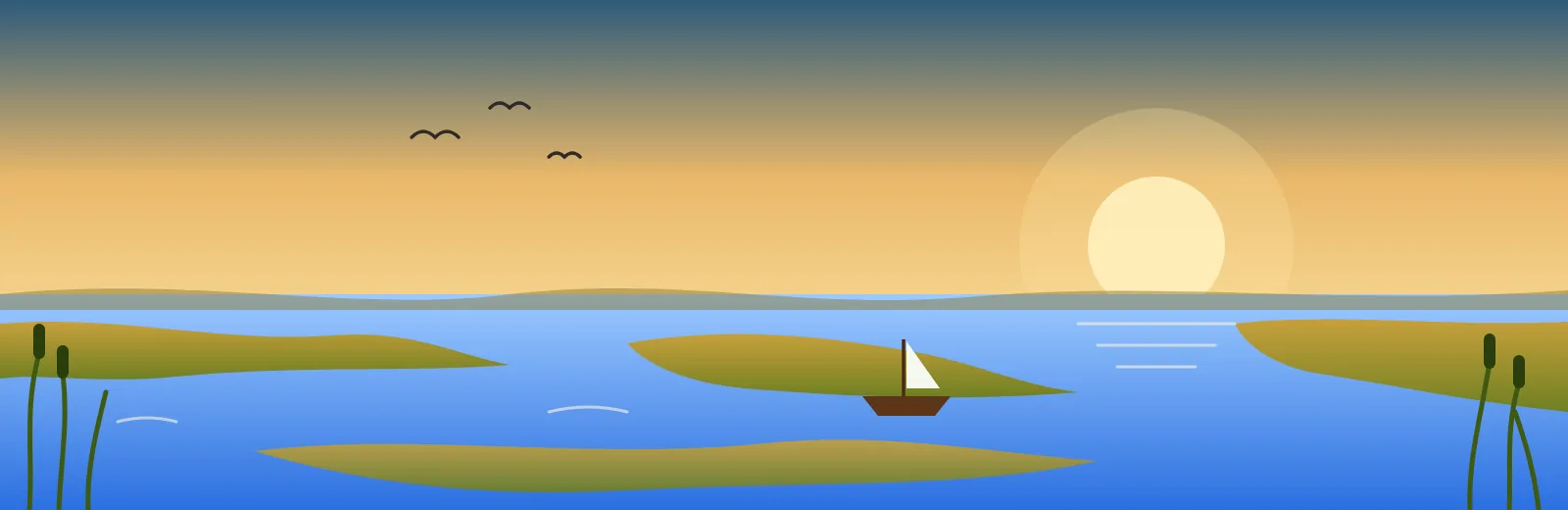 Panoramic illustration of a river delta at golden hour with sandbanks, reeds and a small sailing boat